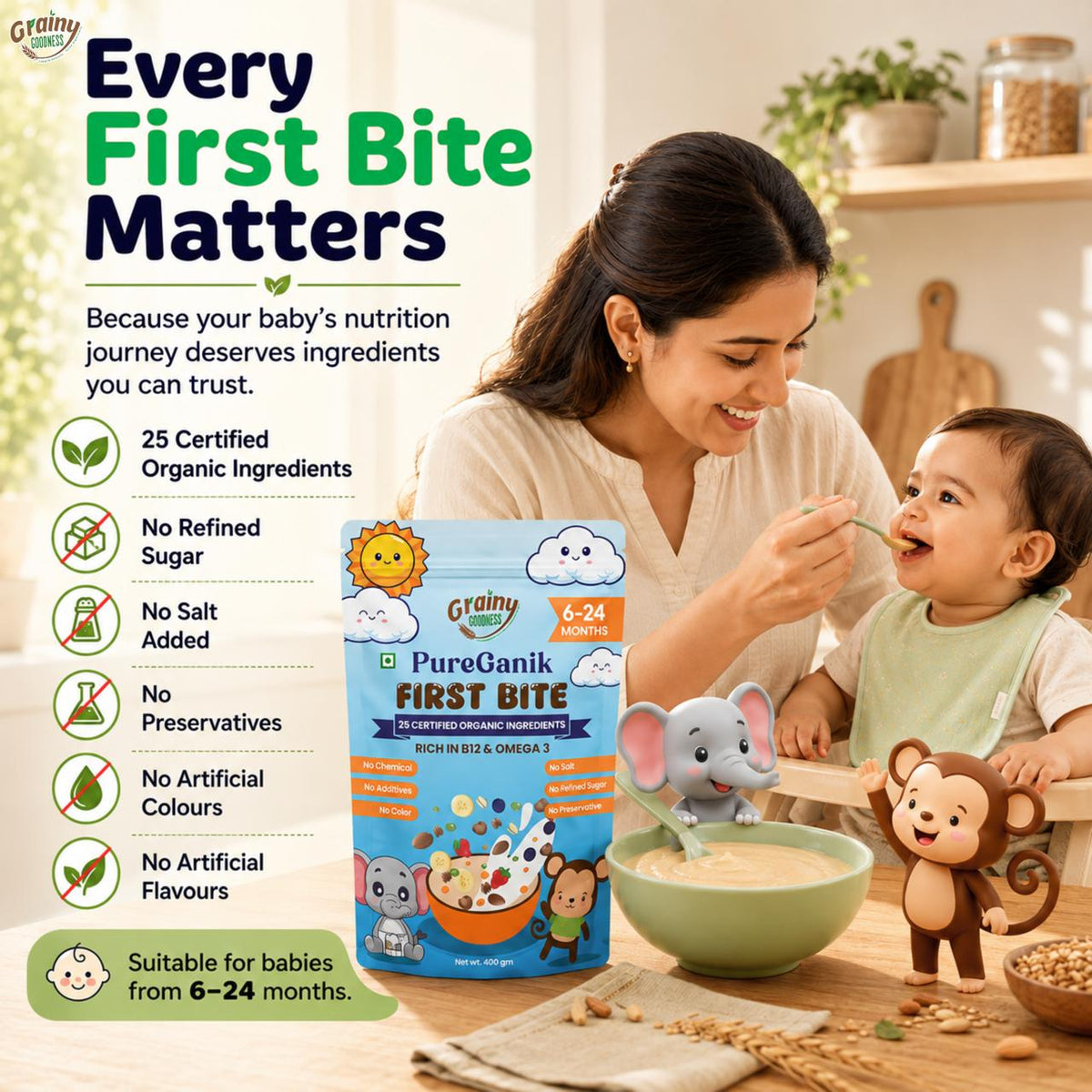 PureGanik First Bite Baby Food made with 25 Certified Organic Ingredients (For 6-24 months)