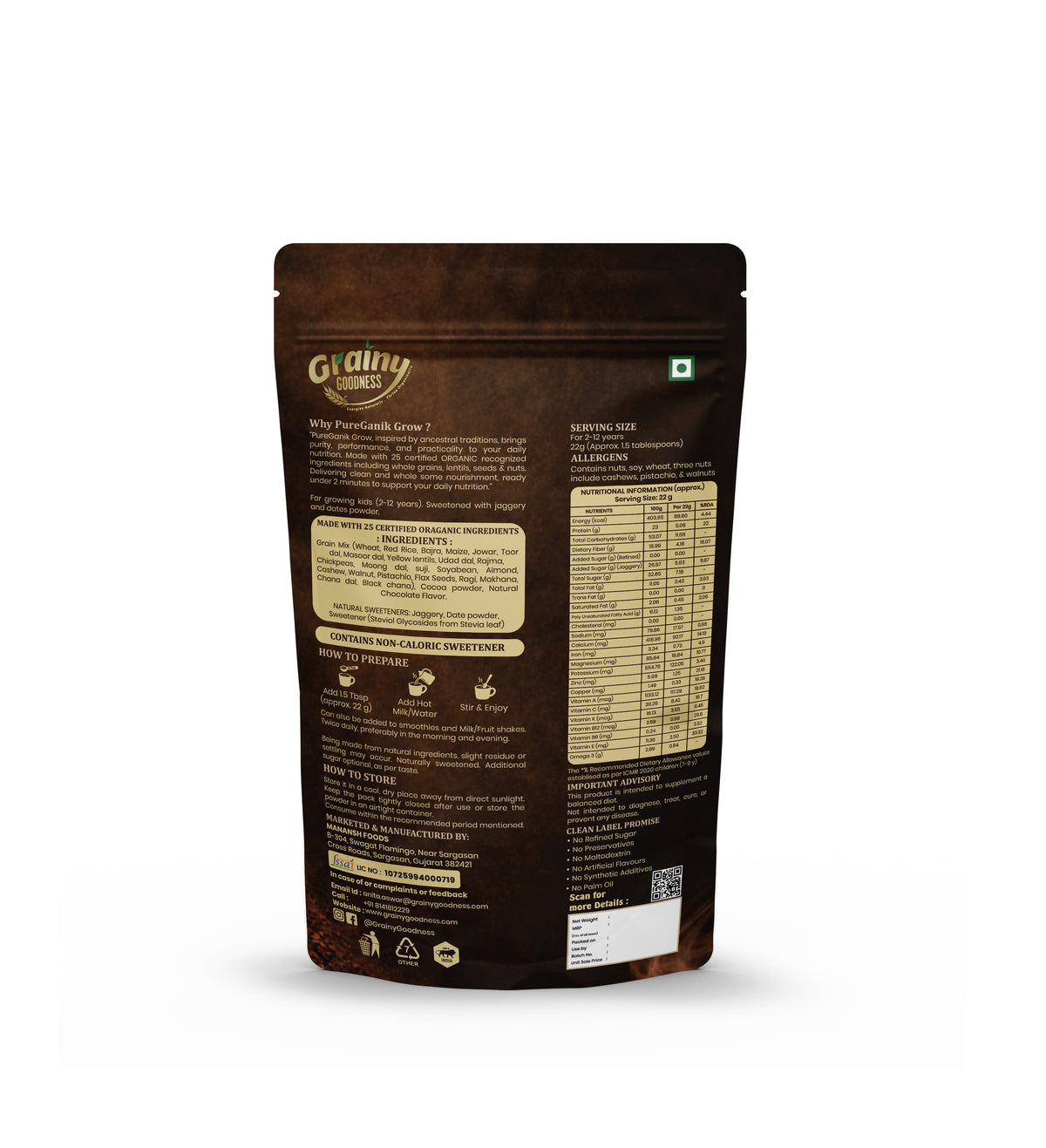 PureGanik Grow Kids Nutrition Powder Chocolate Flavor For Ages 2-13 Years
