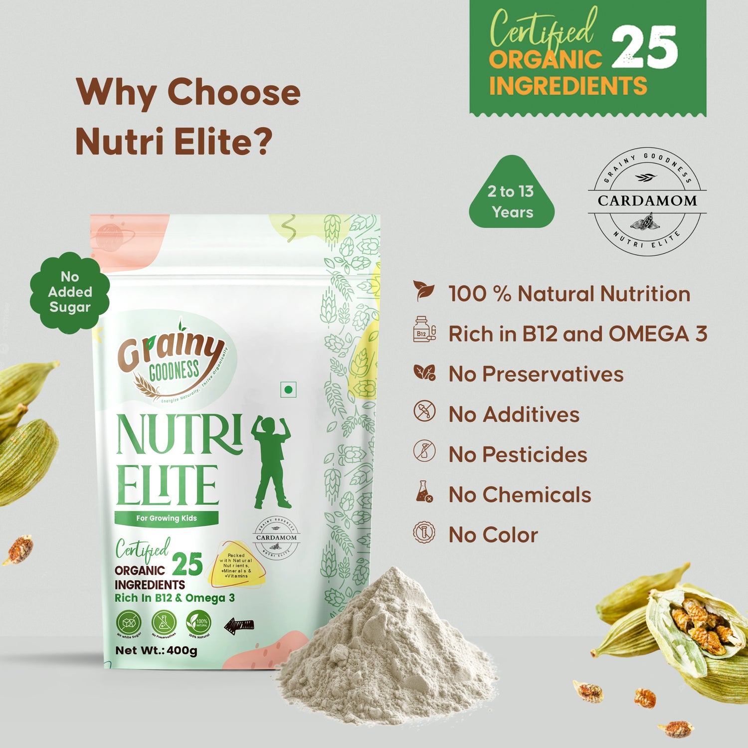 NutriElite Kids Nutrition Powder Cardamom Flavor For Ages 2-13 Years-Grainy Goodness