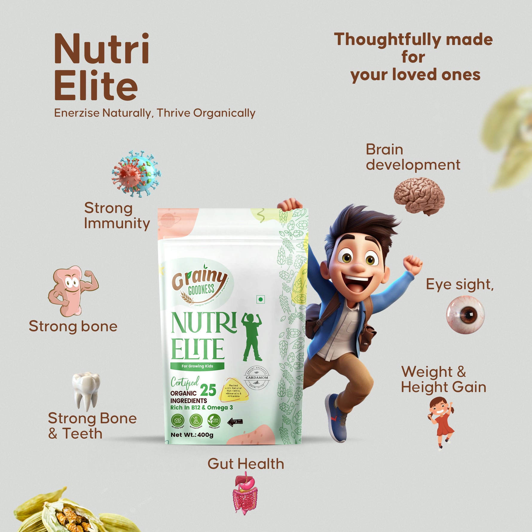 NutriElite Kids Nutrition Powder Cardamom Flavor For Ages 2-13 Years-Grainy Goodness