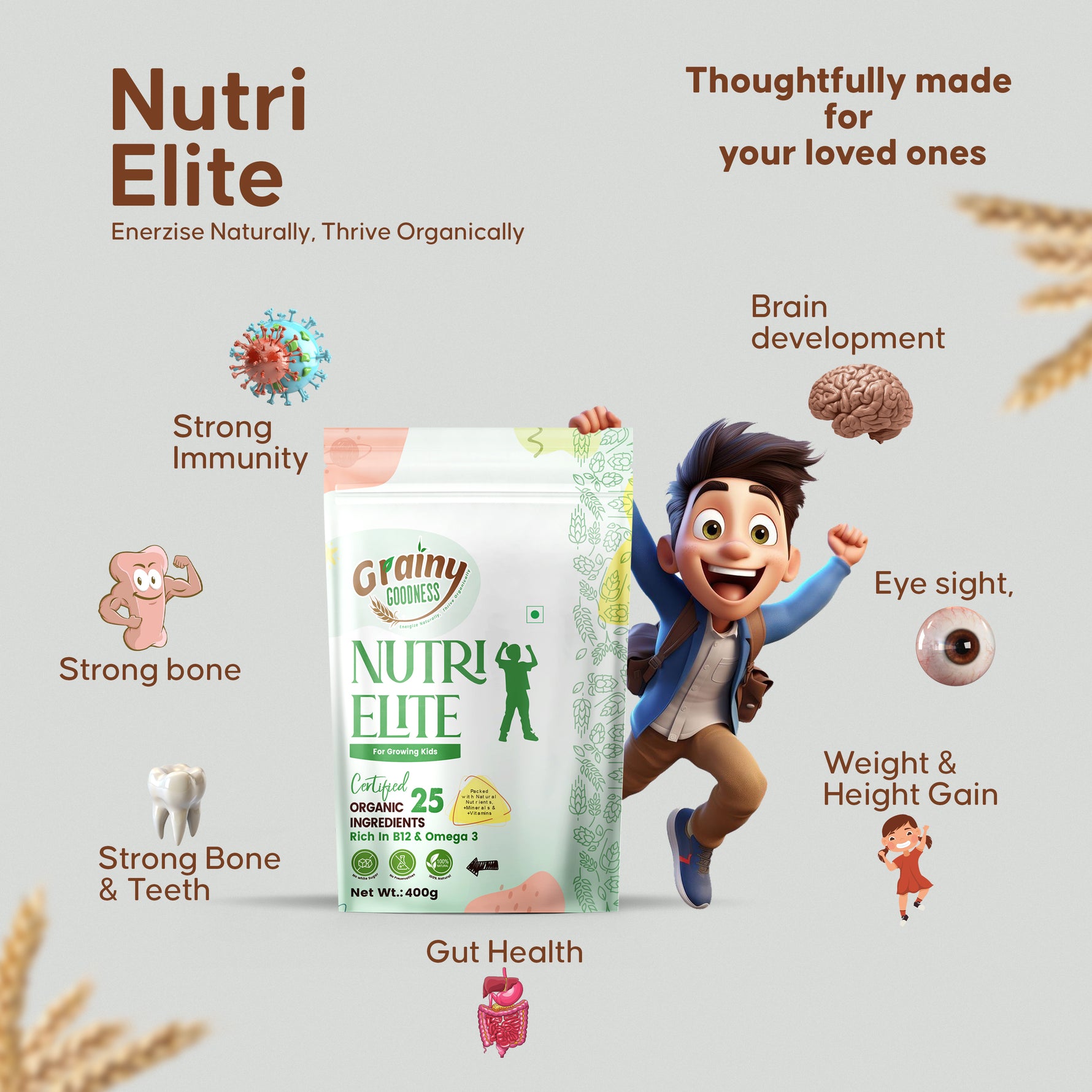 NutriElite Kids Nutrition Powder Plain Flavor For Ages 2-13 Years-Grainy Goodness